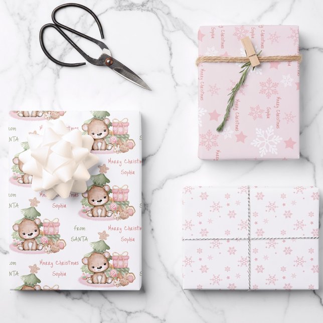 Navidades de nombre de oso corto envolver hojas de (Cute Bear Name Christmas Wrapping Paper Sheets)