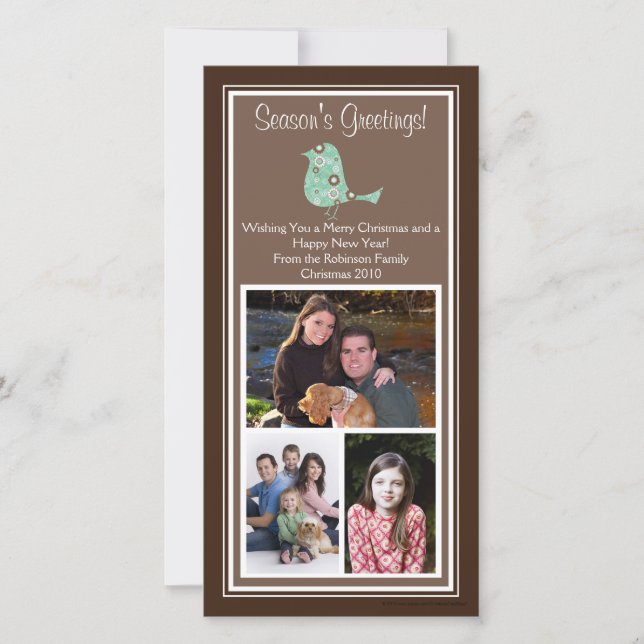 Navidades de pájaro marrón y azul floral 3 tarjeta (Anverso)