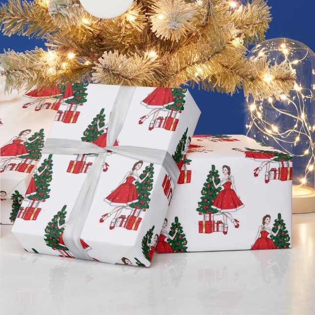 Navidades de papel con patrón de chica y árbol (Vacaciones)