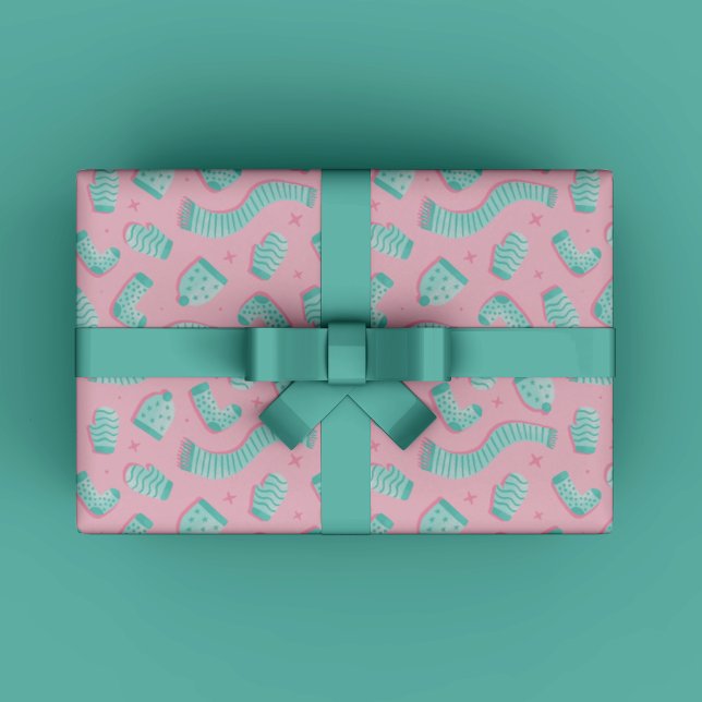 Navidades de patrón de tinta rosa papel de envoltu (Modern Cozy Winter Gift Wrapping Paper for Christmas gift wrapping in mint and teal trendy colors.)