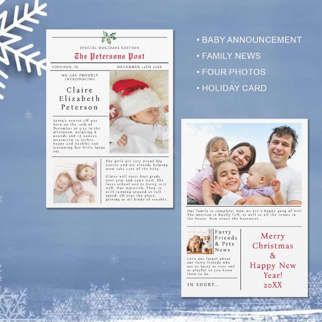 Navidades de periódicos acuden a Invitación de fot (newspaper christmas card with photo baby announcement family post letter black white red fun funny)