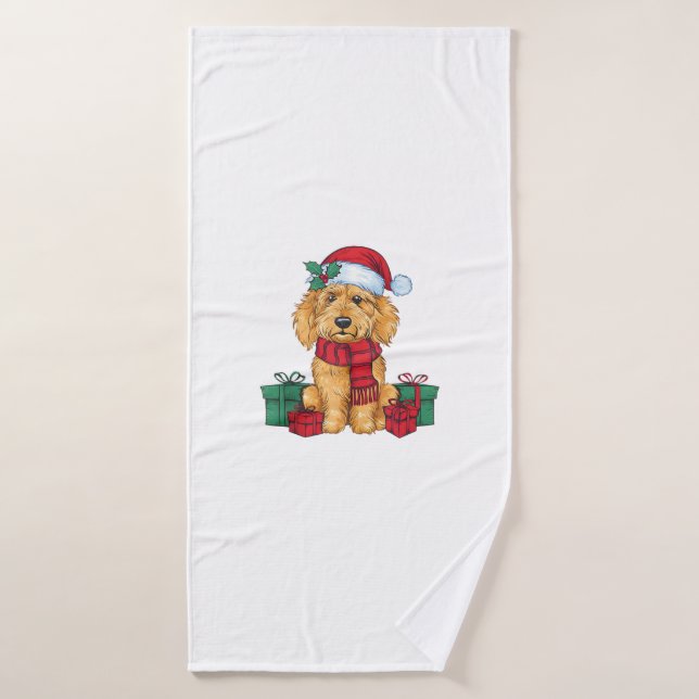 Navidades de perro de goldendoodle celebran Santa  (Toalla de baño)