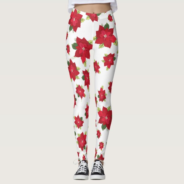 Navidades de Poinsettia Flores Leggings (Anverso)