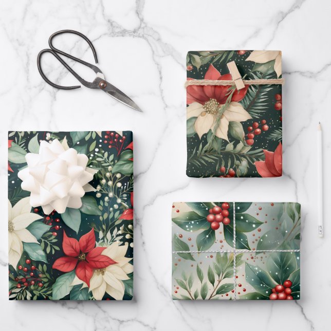 Navidades de Poinsettia hojas planas regalo Wraps (Anverso)