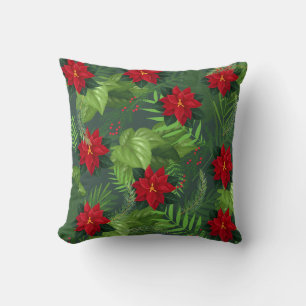 Navidades de poinsettia roja flor almohada de lanz