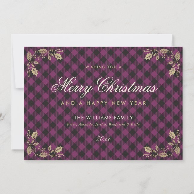 Navidades de Purple Gold Plaid con tarjetas de Año (Anverso)