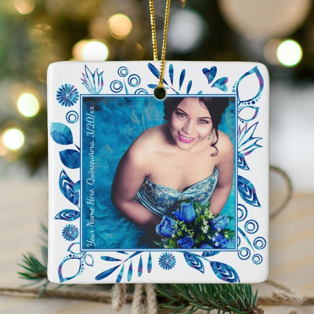 Navidades de Quinceanera Azul Floral Ornamento de  (blue floral quinceanera photo ornament blue mis quince keepsake gift flowers hearts royal blue)