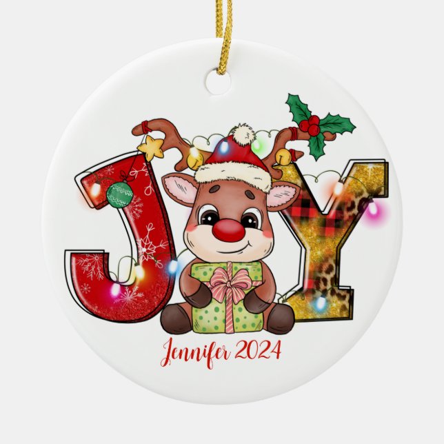 Navidades de renos JOY Ornamento cerámico (Frente)
