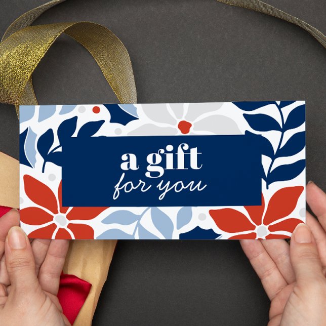 NAVIDADES DE RETRO FLORES ESPECIALES DE PLATA AZUL (HOLIDAY CHRISTMAS THEMED GIFT CARD OR VOUCHER CARD IN BLUE GRAY AND RED.)