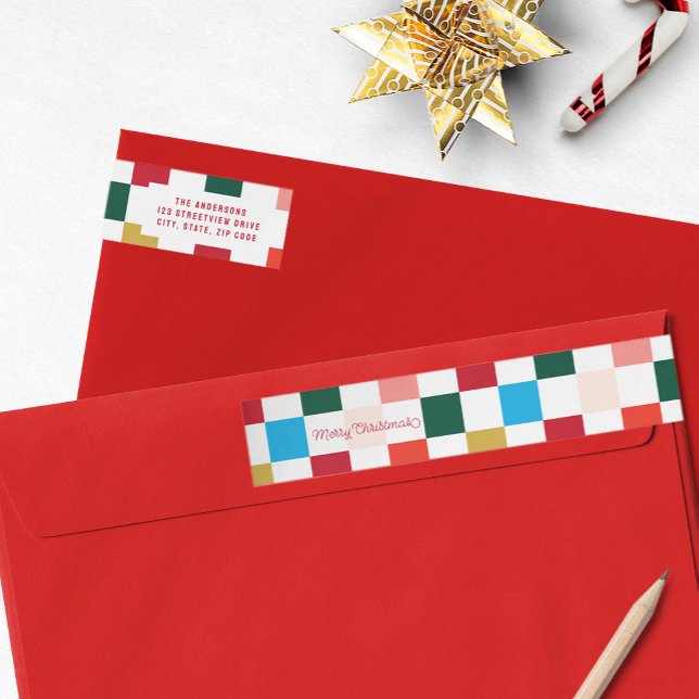 Navidades de tablero de ajedrez coloridos y modern (Modern Colorful Checkerboard Merry Christmas Wrap Around Return Address Label)
