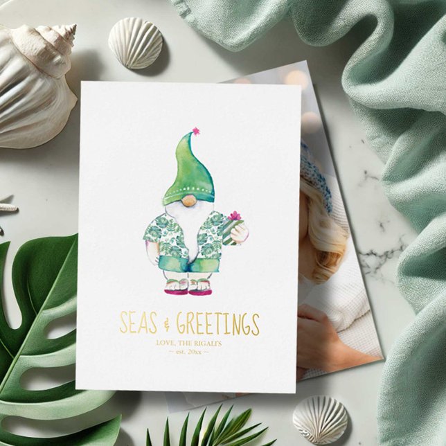 Navidades de tarjetas de vacaciones en la arena (Tropical Christmas cards with photo. Watercolor art by Victoria Grigaliunas Do Tell A Belle)