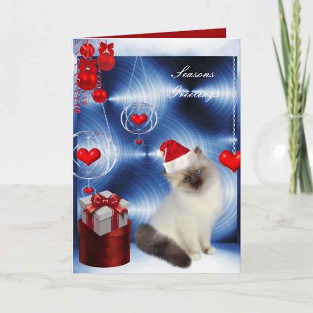 Navidades de tarjetas Fluffy Gato Gris Blanco (Anverso)