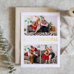 Navidades de tipografía moderna Tres fotos<br><div class="desc">Feliz Navidad! Envíe saludos de Navidad a la familia y amigos con esta tarjeta de fotos de Navidad de Relieve metalizado de oro de personalizable. Presenta una tipografía simple y un árbol de Navidad. Los textos son totalmente personalizables para cualquier saludo. Esta moderna tarjeta de Navidad está disponible en otros...</div>