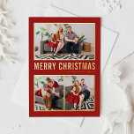 Navidades de tipografía roja moderna tres fotos<br><div class="desc">Feliz Navidad! Envíe saludos de Navidad a la familia y amigos con esta tarjeta de fotos de Navidad de Relieve metalizado de oro de personalizable. Presenta una tipografía simple y un árbol de Navidad. Los textos son totalmente personalizables para cualquier saludo. Esta moderna tarjeta de Navidad está disponible en otros...</div>