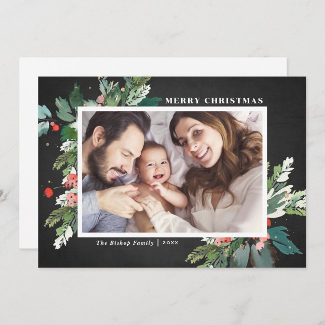 Navidades de Watercolor Hollies Chalkboard Foto (Anverso / Reverso)