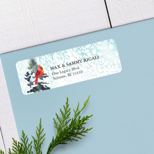 Navidades Devolver la etiqueta de la dirección Esc (Return address labels watercolor winter pine tree and snow red cardinal mountains)
