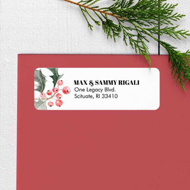 Navidades devuelven la etiqueta de dirección Holly (Return address labels Christmas watercolor red holly berries)
