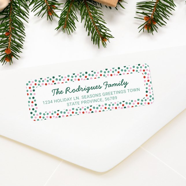 Navidades divertidos Etiqueta de dirección de devo (Christmas polka dots confetti pattern in pink red and green color)