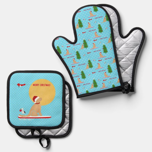 Navidades dorados Blue Beach Day Oven Mitt Set (Anverso/Reverso)