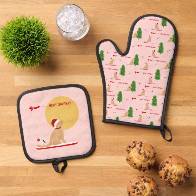 Navidades dorados Pink Beach Day Oven Mitt Set (De arriba hacia abajo)