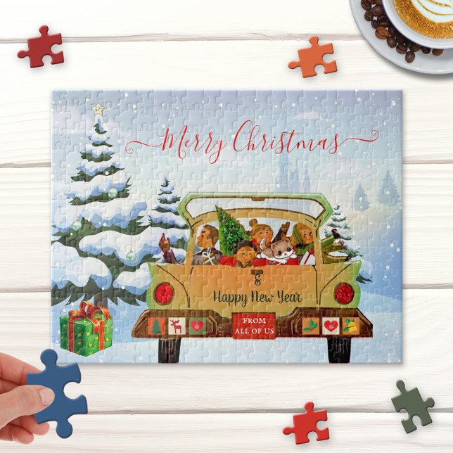 Navidades educados conducen el rompecabezas del ho (Personalized puzzle featuring a family with cat driving home in their car through winter wonderland)