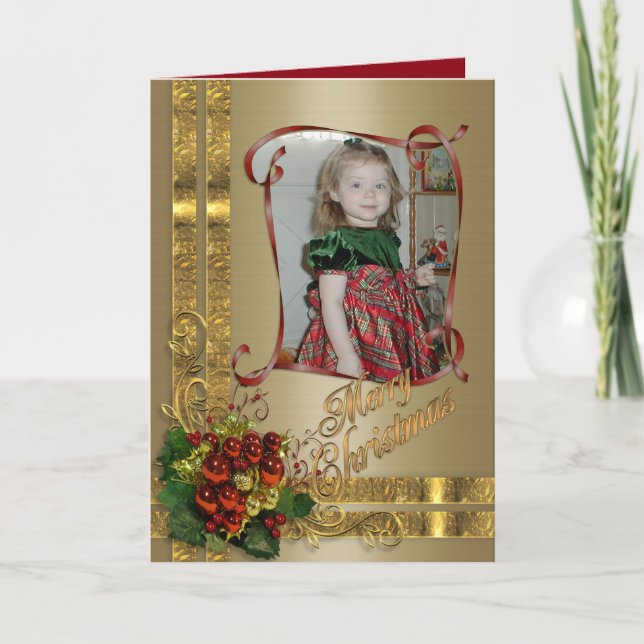 Navidades elegancia tarjeta de foto oro y rojo vic (Anverso)