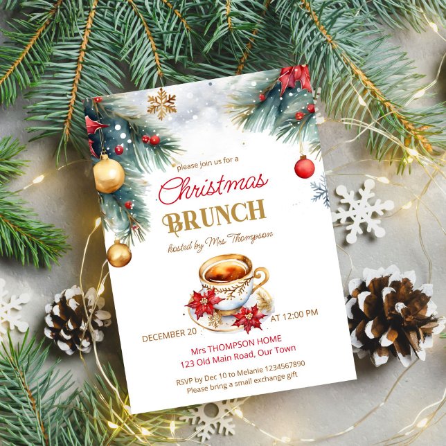 Navidades elegantes plantilla de fiesta de té de b (Elegant Christmas brunch tea party editable template invitation digital download watercolor pines)