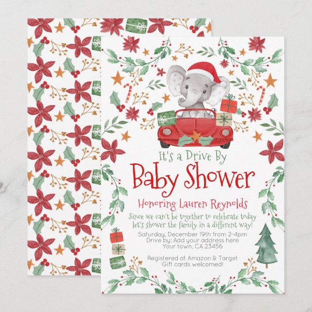 Navidades Elephant Drive By Baby Shower Invitación (Anverso / Reverso)