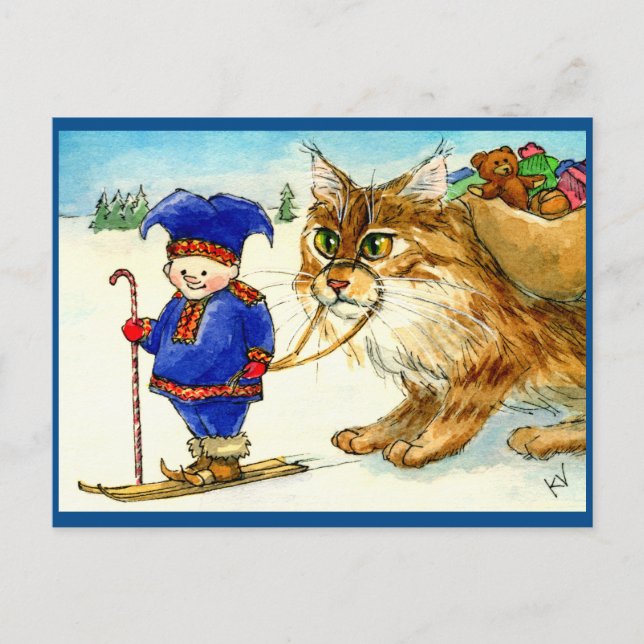 Navidades elf troll cat en la postal skiis (Anverso)