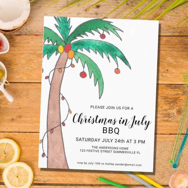 Navidades En Julio BBQ Palm Invitación Postcard (Subido por el creador)