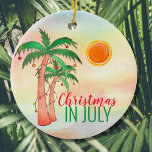 Navidades en julio Ornamento cerámico<br><div class="desc">¿Estás celebrando Navidades en julio de este año? Añade este adorno navideño estilo isleño a tu decoración fiesta. Está decorado con palmeras acuáticas decoradas como árboles de Navidad en un fondo acuático. Porque creamos nuestra propia obra de arte no encontrarás esta imagen exacta de otros diseñadores. Acuarela original © Michele...</div>