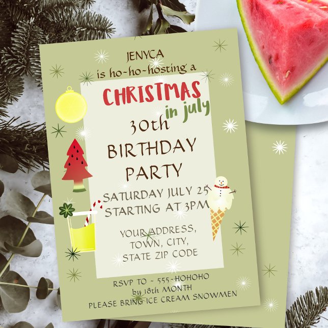 Navidades en la invitación a la fiesta de cumpleañ (🍉Celebrate Christmas for Your 30th Birthday! (or any age) You'll need ice cream and watermelons 🍉)