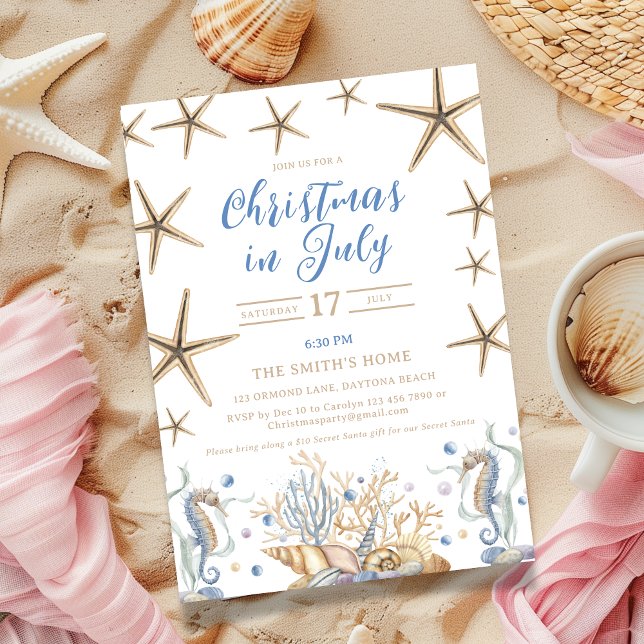 Navidades en la invitación de la fiesta de playa d (Christmas in July Beach Party Invitation)