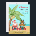 Navidades en la tarjeta de vacaciones Beach<br><div class="desc">Una carta de Navidades costeros con Santa y Rudolph sentados en la arena bajo una palmera. (Vector de fondo creado por freepik - www.freepik.com). (vector Navidades creado por freepik - www.freepik.com). La tarjeta es fácil de personalizar con sus opciones de texto, tipo de letra, color de letra y forma de...</div>