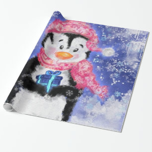 Navidades envolviendo papel de pingüino con regalo