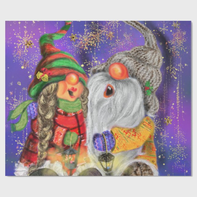 Navidades envueltos de papel con gnomos felices (Superficie plana)