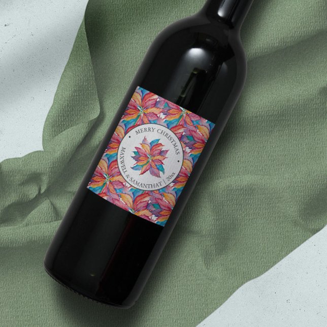 Navidades Etiqueta de vino acuarela Botánica (Christmas wine label unique unique botanical watercolor poinsettia)