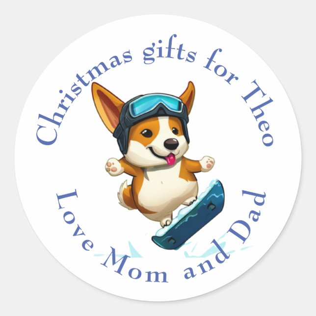 Navidades etiquetan a pegatinas Corgi snowboard (Anverso)