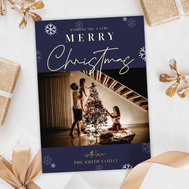 Navidades felices Festividad de la Marina Foto de  (Elegant real foil Christmas greeting card in navy blue and space for one big photo)