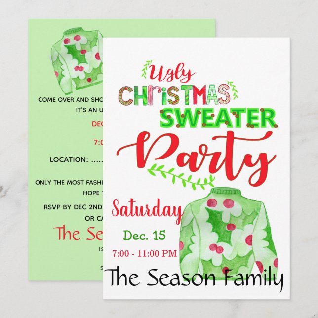 Navidades feos Invitación a la fiesta del suéter (Anverso / Reverso)