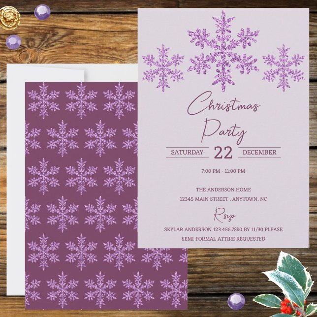Navidades festivos elegantes de Snowflake Purple G (Trendy purple snowflakes Christmas Party invitations personalized by you for your holiday gala)
