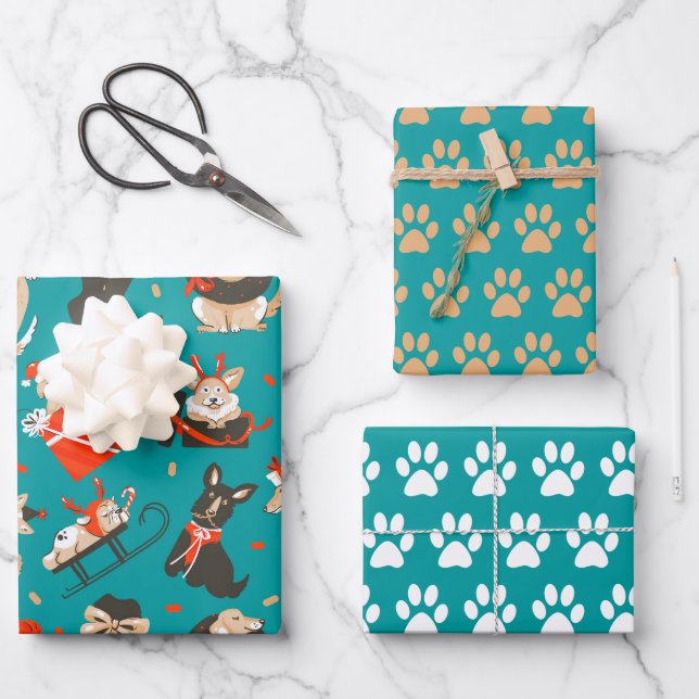 Navidades festivos perros envolviendo papel de 3 (Anverso)