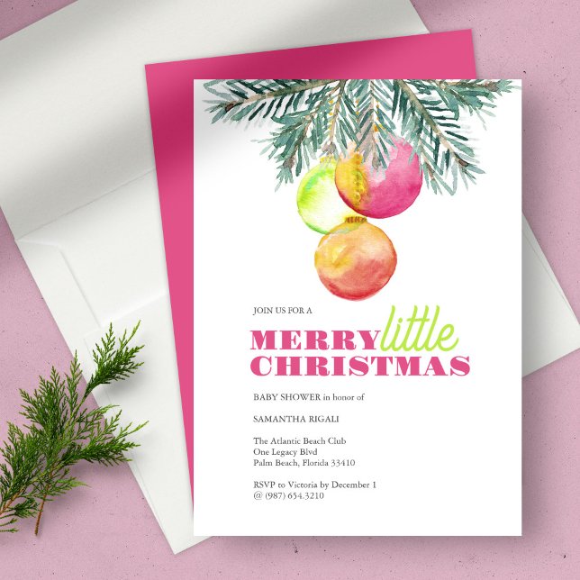 Navidades Fiesta Baby Shower Invitación (Christmas theme baby shower bright pink and green color 2023 watercolor art by Victoria Grigaliunas)