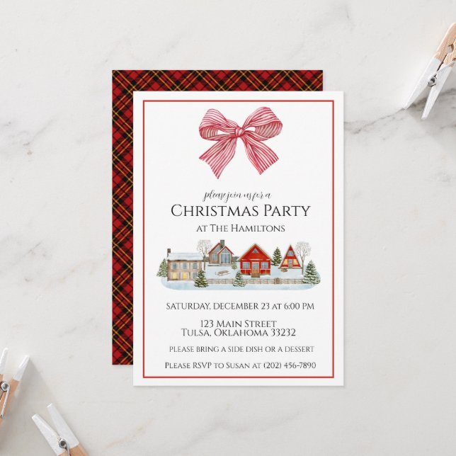 Navidades Fiesta Cosy Cabin & Bow Invitación (Anverso/Reverso In Situ)