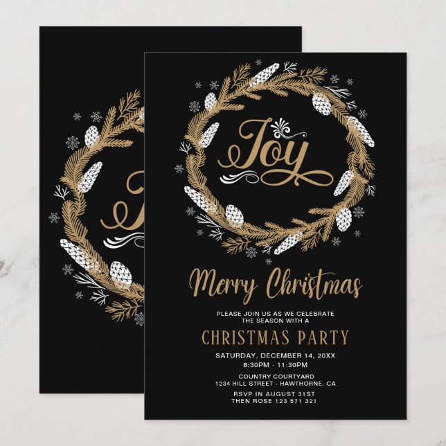 Navidades Fiesta negro y oro Alegría invitación (Anverso / Reverso)