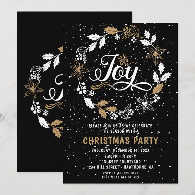 Navidades Fiesta negro y oro Alegría invitación (Anverso / Reverso)
