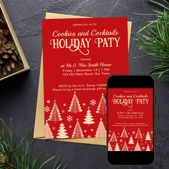 Navidades fiesta plantilla roja retro de medio sig (Christmas party midcentury retro red with beige trees editable template invitation digital download)