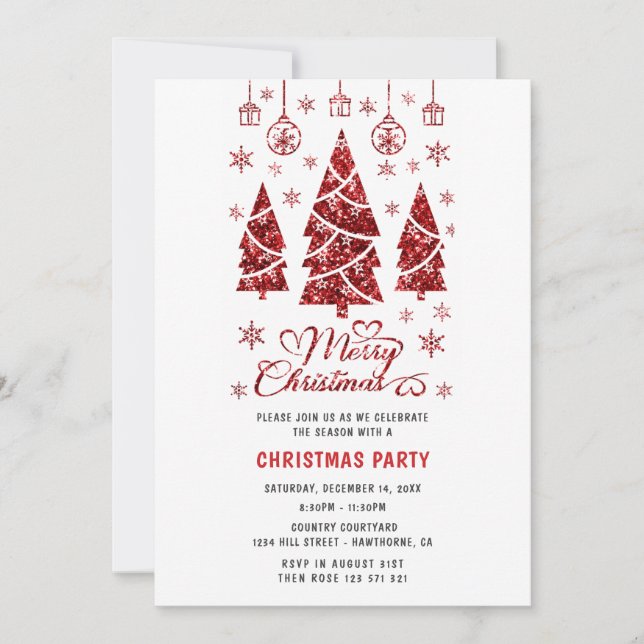 Navidades Fiesta Purpurina árbol rojo invitación (Anverso)