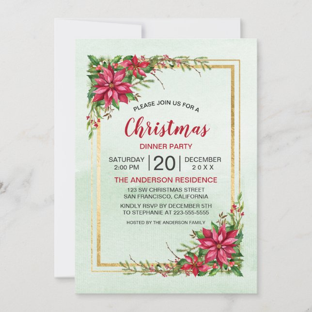 Navidades Fiesta Red Poinsettia Floral Gold Frame (Anverso)