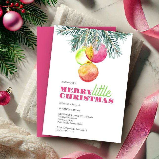 Navidades Fiesta Sip y ver invitación (Sip & see winter baby shower girl invitation watercolor pink bauble & pine bows Victoria Grigaliunas)